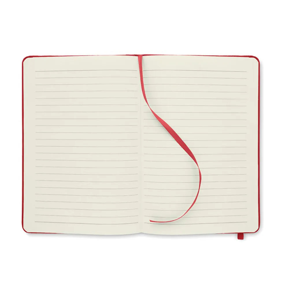 A5 notitieboek met 600d rPET omslag gerecycled papier opengeslagen, Crème en rood - 199966
