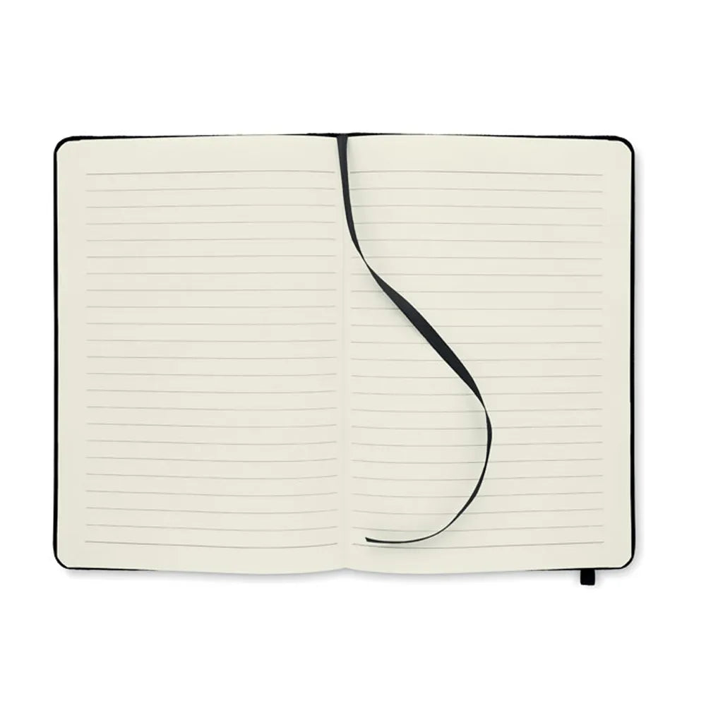 A5 notitieboek met 600d rPET omslag gerecycled papier opengeslagen, Crème en zwart - 199966