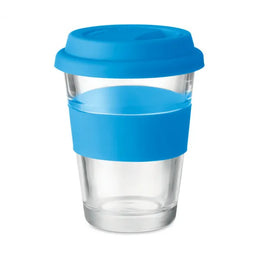 Glazen drinkbeker met siliconen deksel en grip, Blauw - 199992
