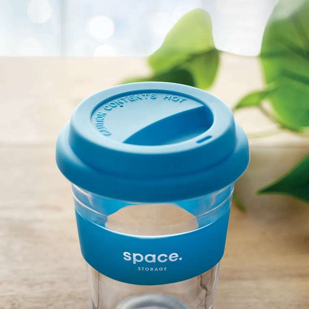 Glazen drinkbeker met siliconen deksel en grip sfeerbeeld, Blauw - 199992