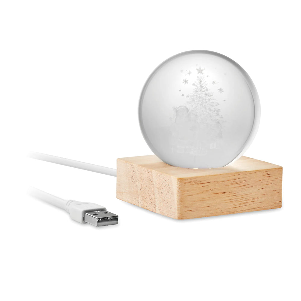 Glazen kerstbal met LED op houten sokkel
