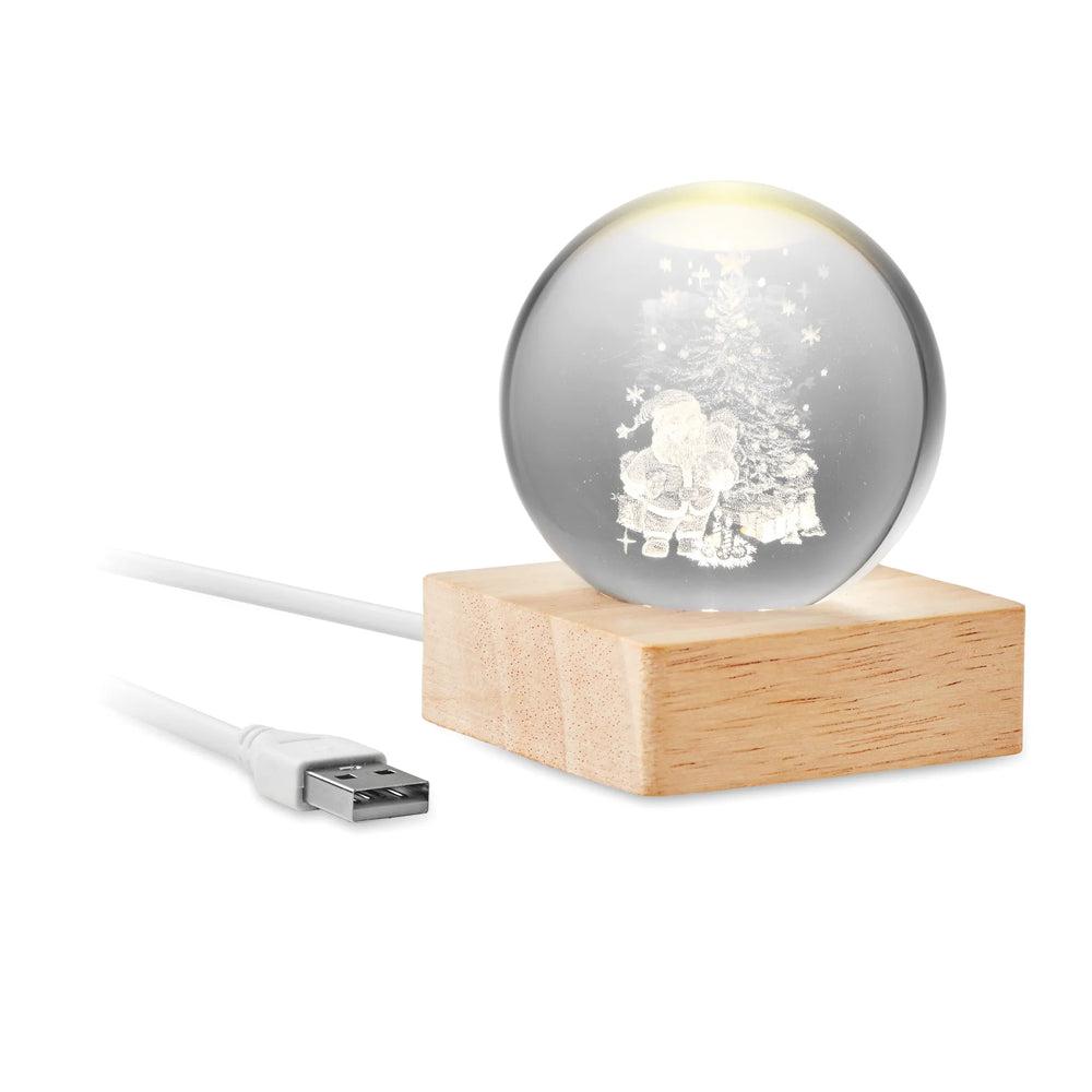 Glazen kerstbal met LED op houten sokkel