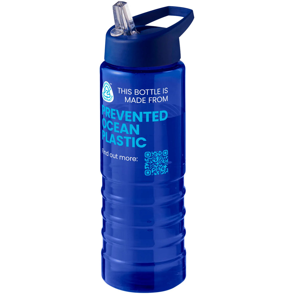 Geribbelde sportfles 750 ml van gerecycled plastic met donkerblauwe dop en voorbeeldbedrukking, Blauw - 20210482
