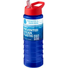 Geribbelde sportfles 750 ml van gerecycled plastic - Blauw met rode dop