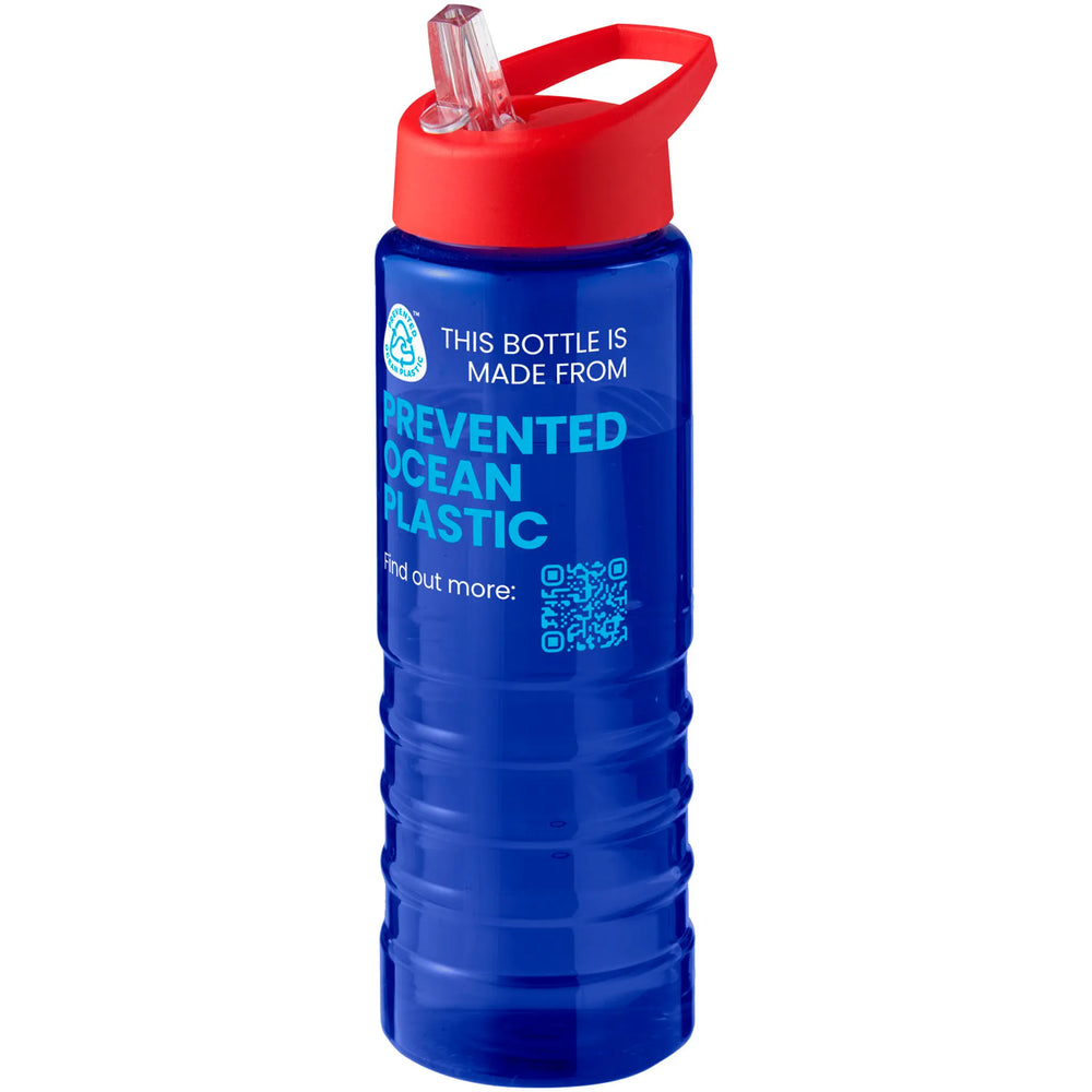 Geribbelde sportfles 750 ml van gerecycled plastic met rode dop en voorbeeldbedrukking, Blauw - 20210482