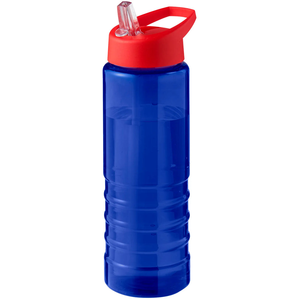Geribbelde sportfles 750 ml van gerecycled plastic met rode dop, Blauw - 20210482