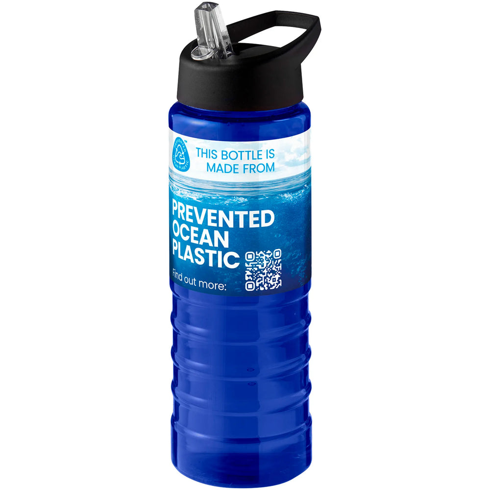 Geribbelde sportfles 750 ml van gerecycled plastic met witte dop en fullcolour voorbeeldbedrukking, Blauw - 20210482