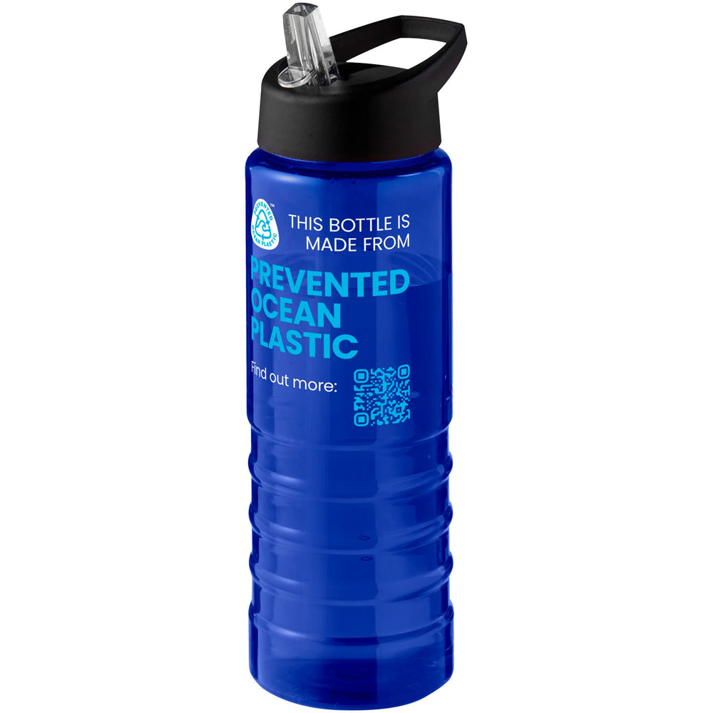 Geribbelde sportfles 750 ml van gerecycled plastic met witte dop en voorbeeldbedrukking, Blauw - 20210482