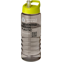 Geribbelde sportfles 750 ml van gerecycled plastic - Houtskool met limegroene dop