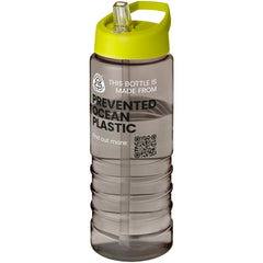 Geribbelde sportfles 750 ml van gerecycled plastic - Houtskool met limegroene dop