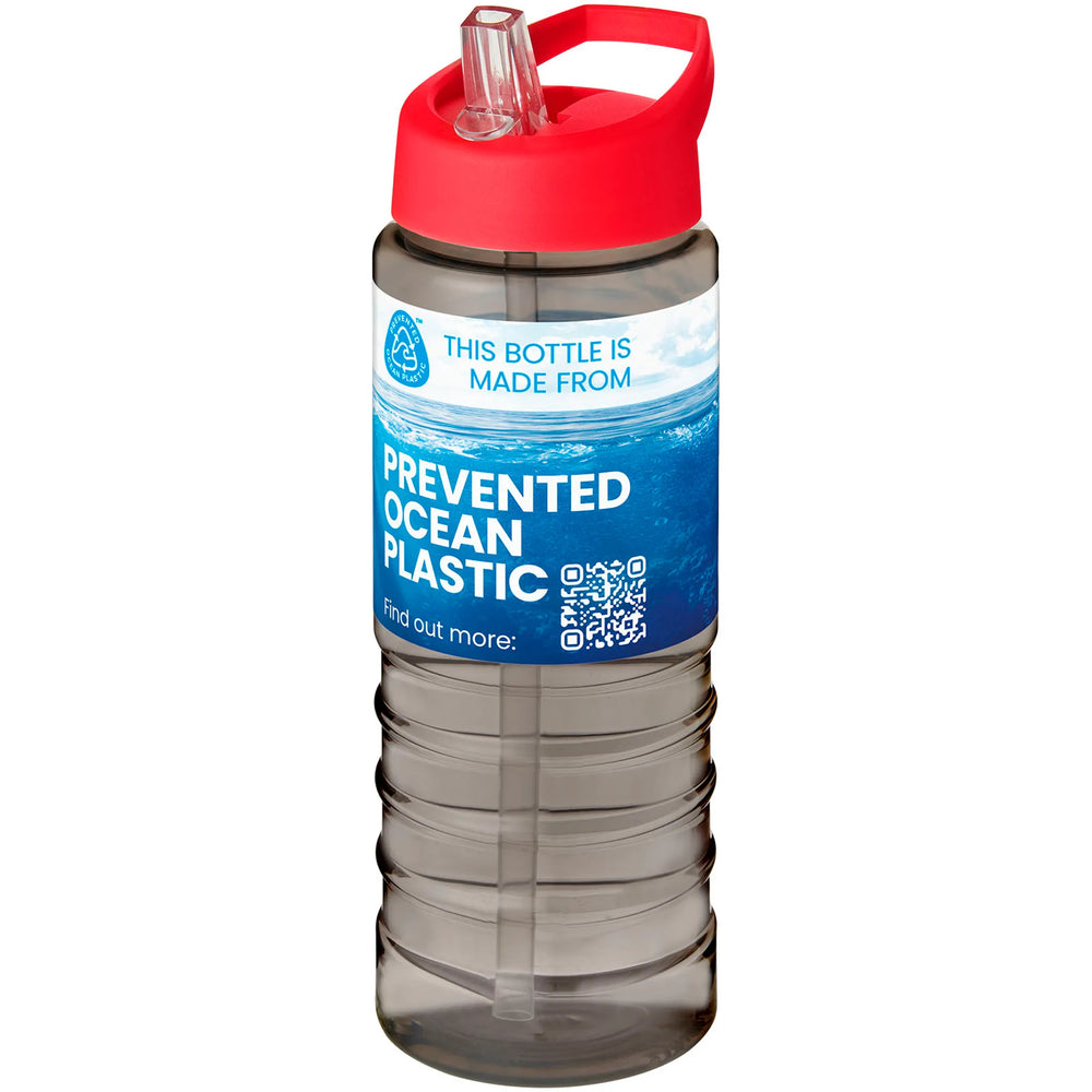 Geribbelde sportfles 750 ml van gerecycled plastic met rode dop en fullcolour voorbeeldbedrukking, Houtskool - 20210482