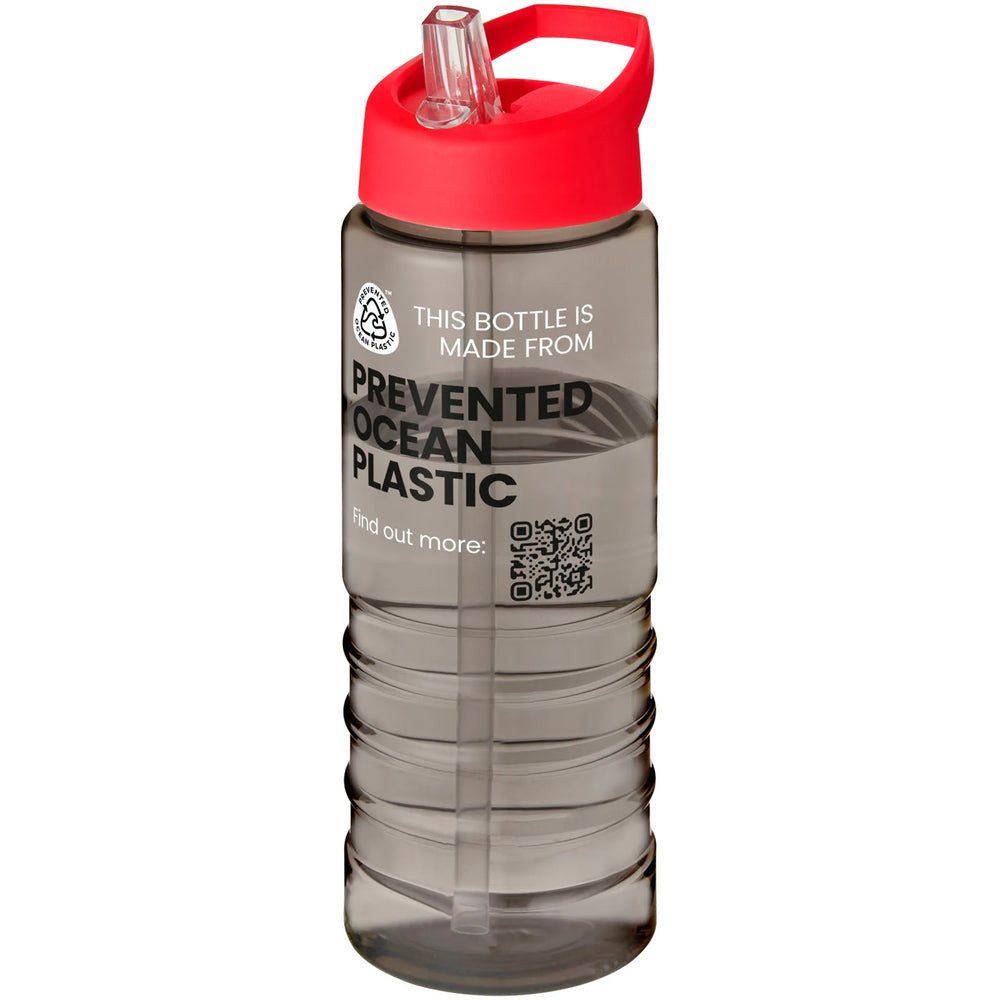 Geribbelde sportfles 750 ml van gerecycled plastic met rode dop en voorbeeldbedrukking, Houtskool - 20210482