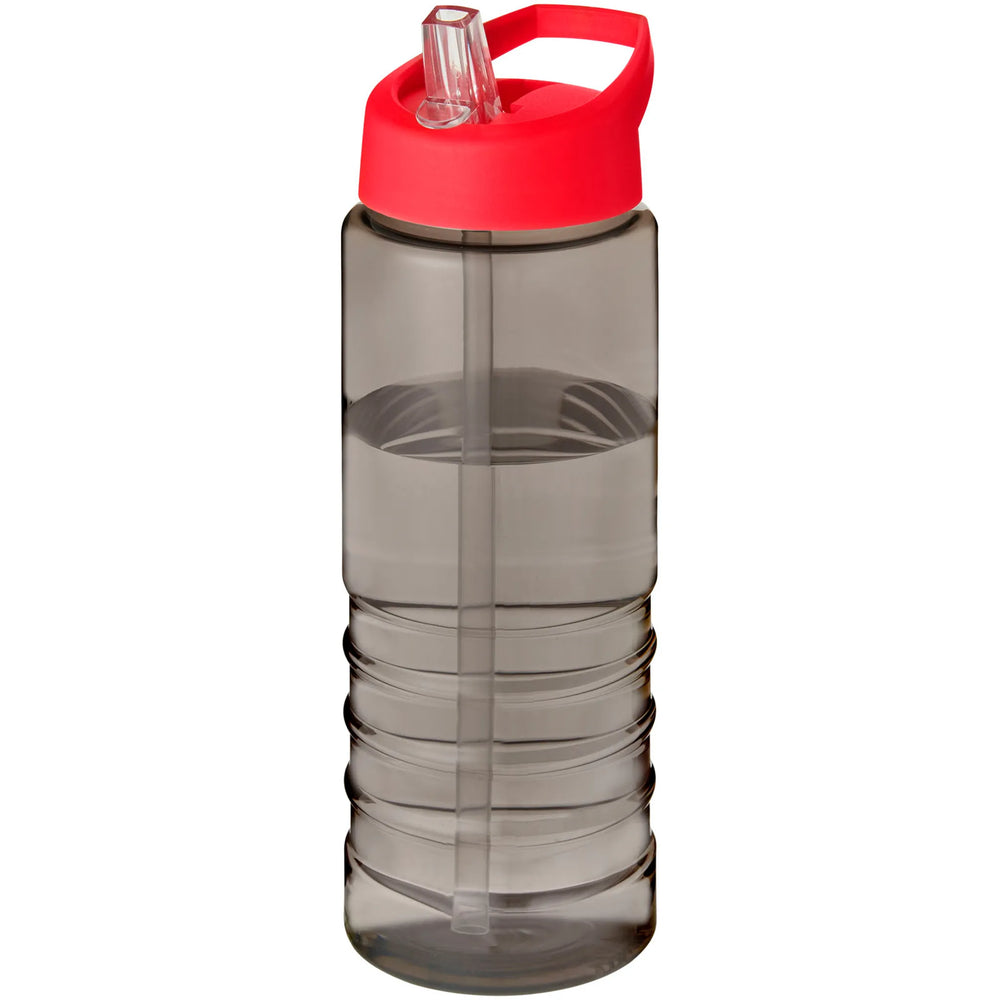 Geribbelde sportfles 750 ml van gerecycled plastic met rode dop, Houtskool - 20210482
