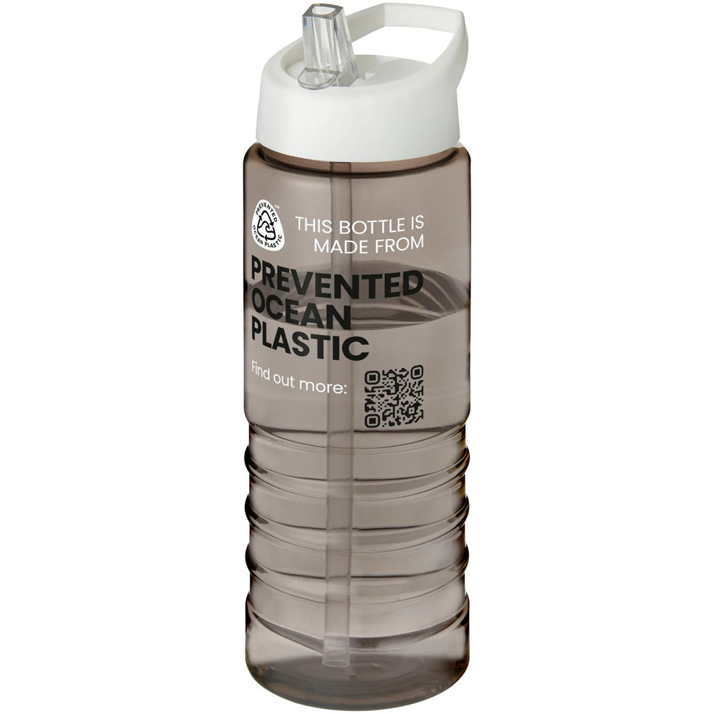 Geribbelde sportfles 750 ml van gerecycled plastic met witte dop en voorbeeldbedrukking, Houtskool - 20210482