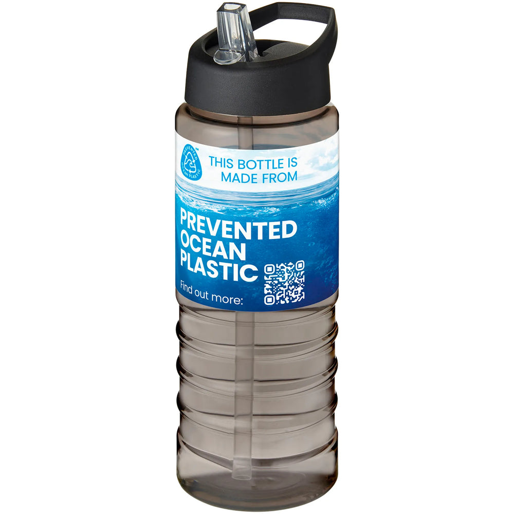 Geribbelde sportfles 750 ml van gerecycled plastic met zwarte dop en fullcolour voorbeeldbedrukking, Houtskool - 20210482