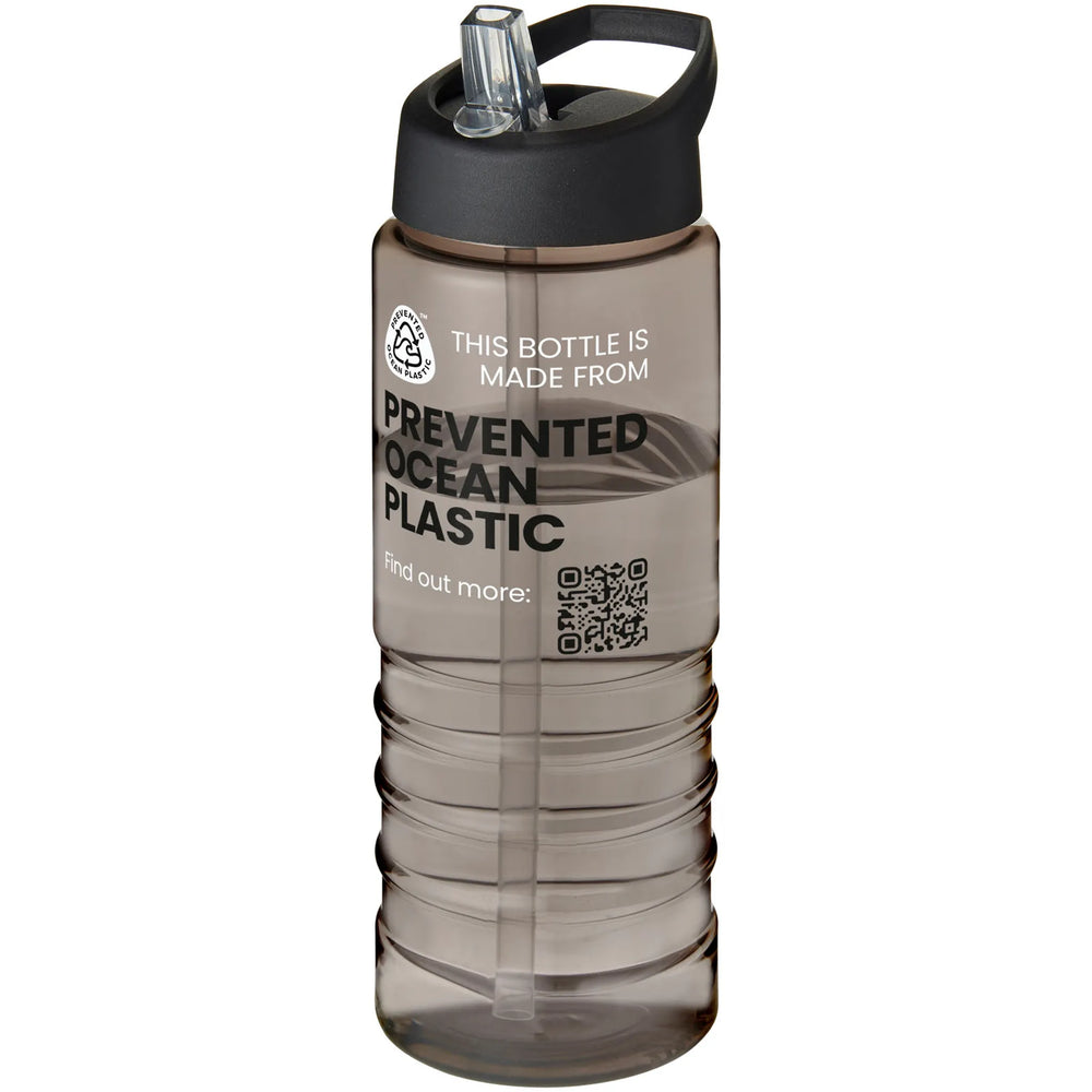 Geribbelde sportfles 750 ml van gerecycled plastic met zwarte dop en voorbeeldbedrukking, Houtskool - 20210482