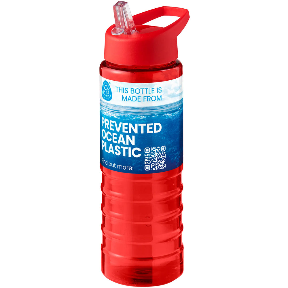 Geribbelde sportfles 750 ml van gerecycled plastic met rode dop en fullcolour voorbeeldbedrukking, Rood - 20210482