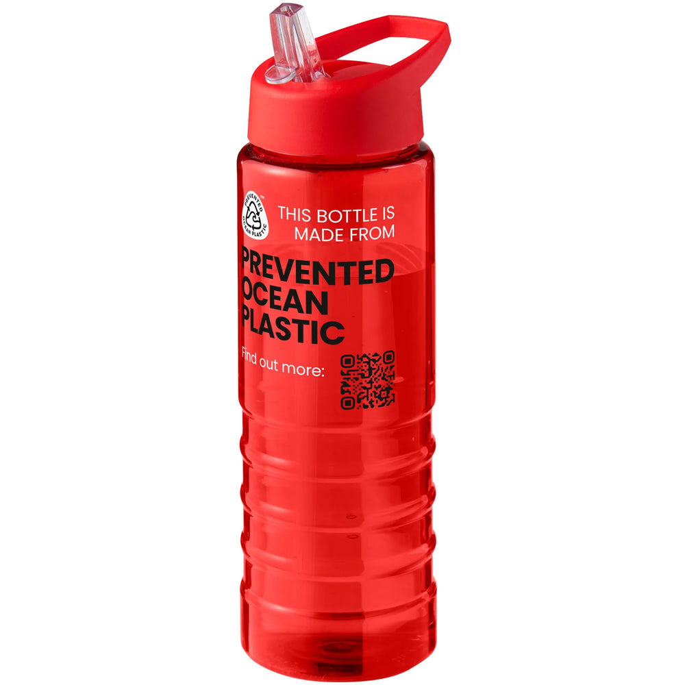 Geribbelde sportfles 750 ml van gerecycled plastic met rode dop en voorbeeldbedrukking, Rood - 20210482