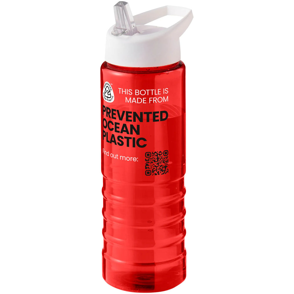 Geribbelde sportfles 750 ml van gerecycled plastic met witte dop en voorbeeldbedrukking, Rood - 20210482