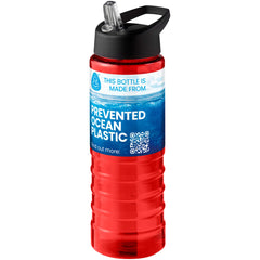 Geribbelde sportfles 750 ml van gerecycled plastic - Rood met zwarte dop
