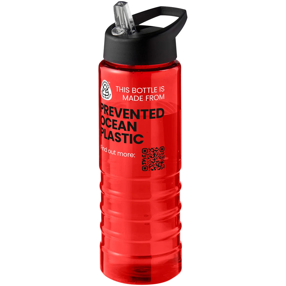 Geribbelde sportfles 750 ml van gerecycled plastic met zwarte dop en voorbeeldbedrukking, Rood - 20210482
