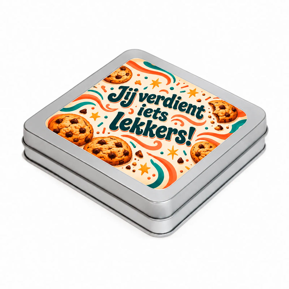 Vierkant blik met scharnierdeksel, Zilver - met print 21PL406