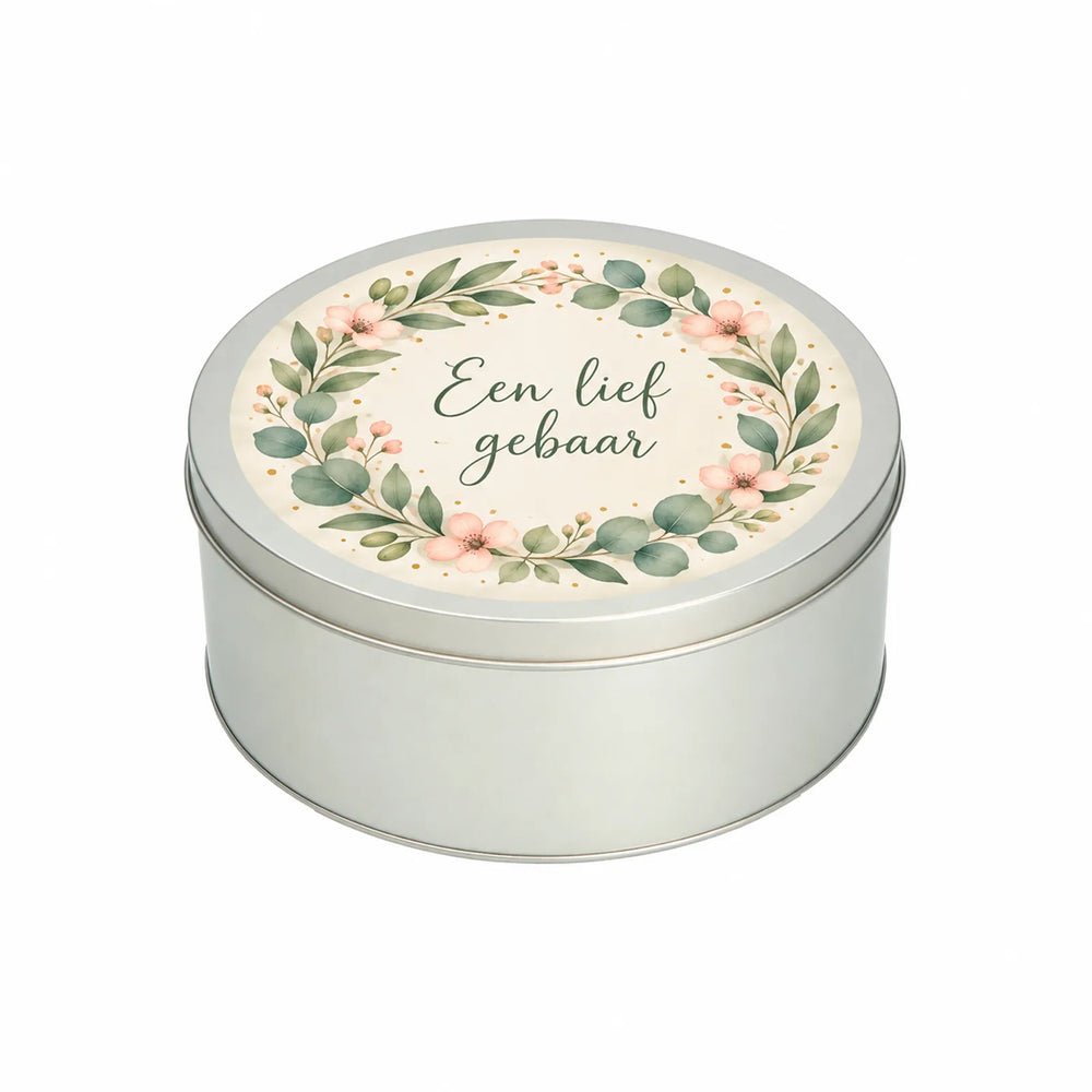 Rond koekblik met deksel, Zilver - met print 21PL417