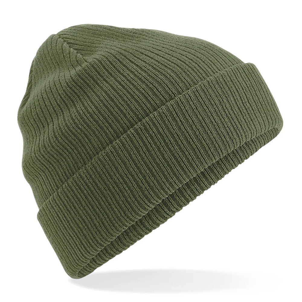 Biologisch katoenen beanie met omslag zijaanzicht, Olijfgroen - 24CB50