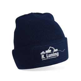 Zachte acryl beanie met katoenen twill patch, Marineblauw met print - 24CB445