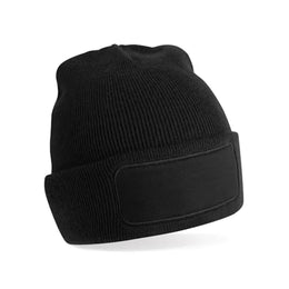Zachte acryl beanie met katoenen twill patch, Zwart - 24CB445