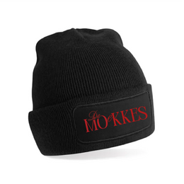 Zachte acryl beanie met katoenen twill patch, Zwart met print - 24CB445