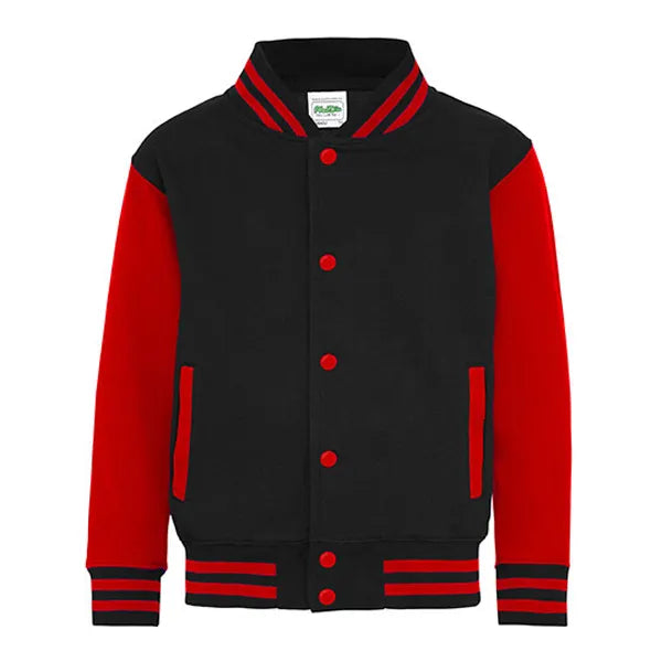 kids varsity jacket just hoods jet black fire red voorzijde 24jh043k