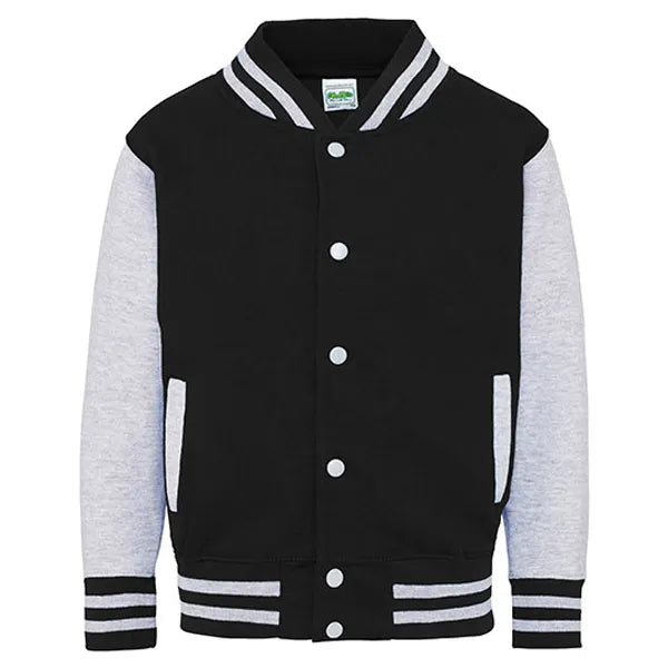 kids varsity jacket just hoods jet black heather grey voorzijde 24jh043k