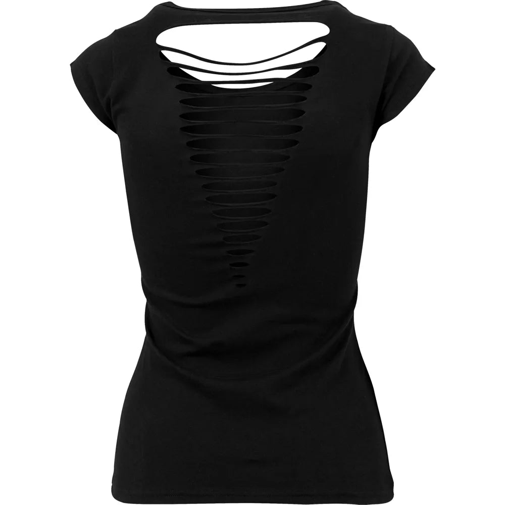 Dames-T-shirt met uitgesneden rug achterzijde, Zwart - 25BY035