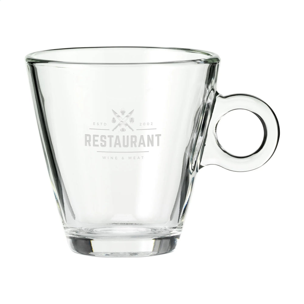Theeglas 320 ml met oor en gegraveerd logo, Transparant - 311070
