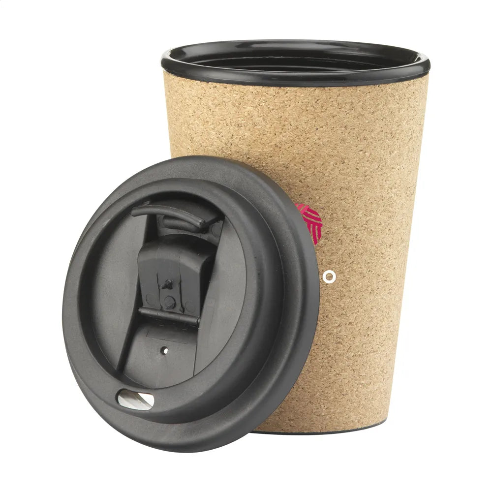 Koffiebeker 350 ml met dubbele wand en kurk afwerking met bedrukking en losse deksel, Beige - 311395