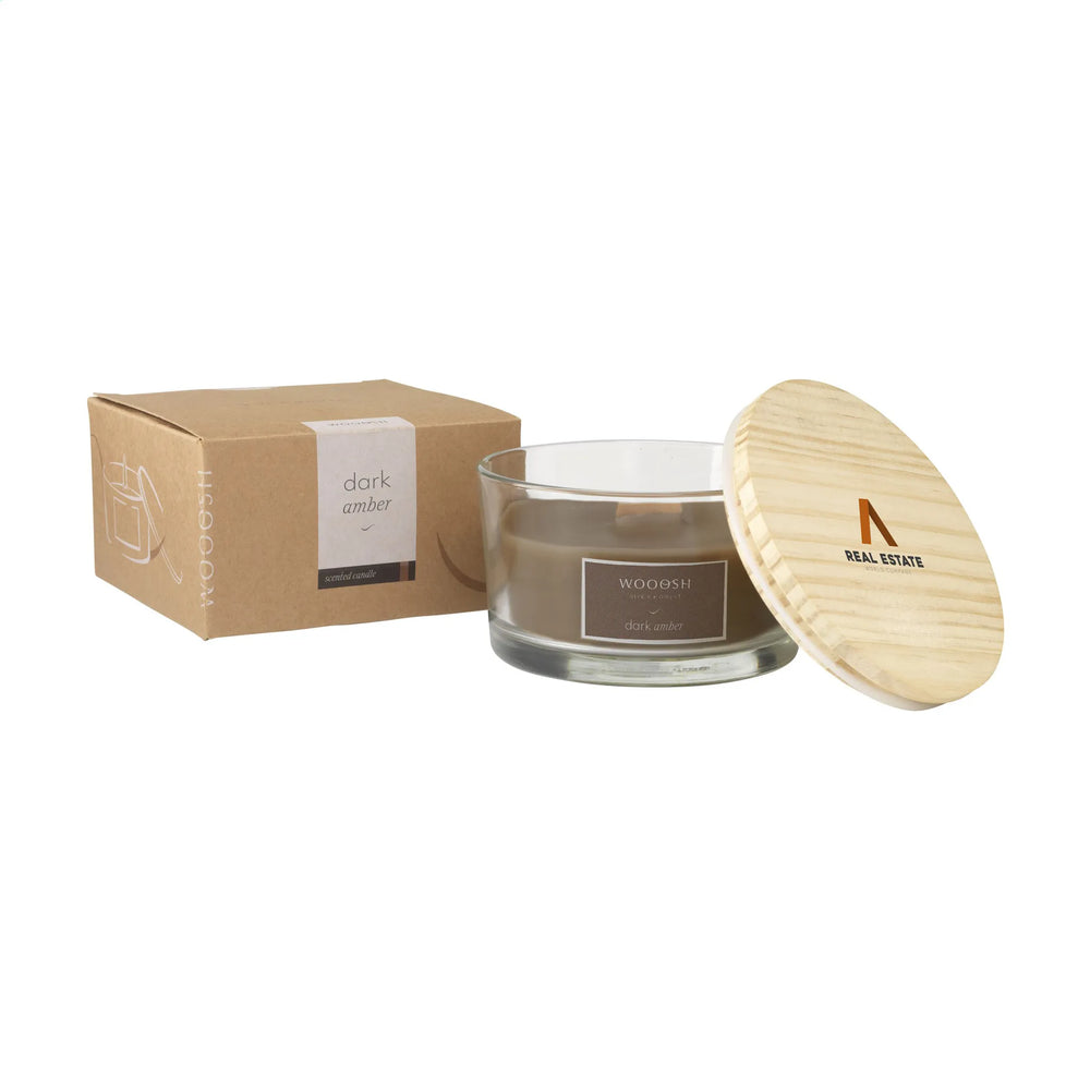 geurkaars amber glas houten lont verpakking en open deksel