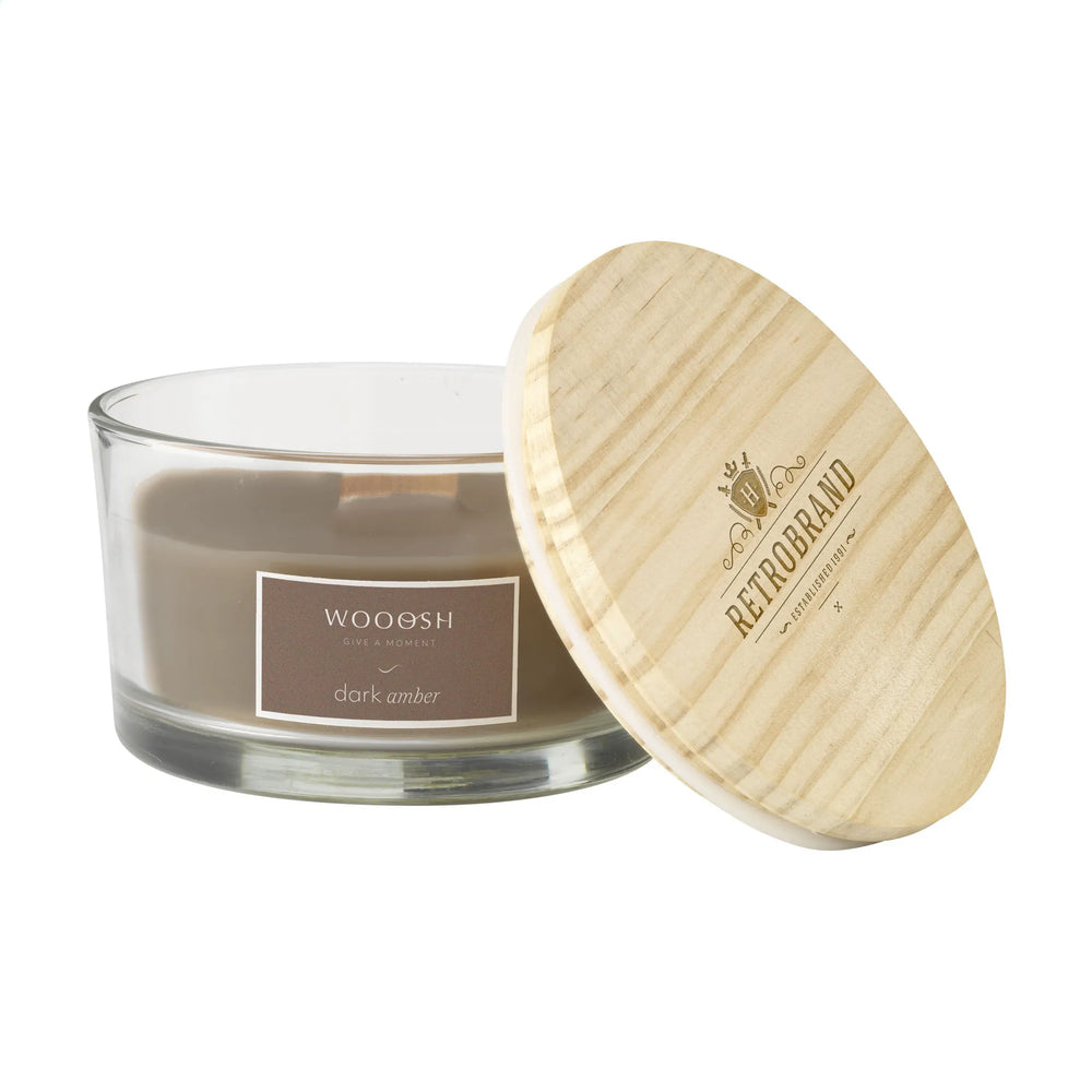 geurkaars amber glas houten lont met logo