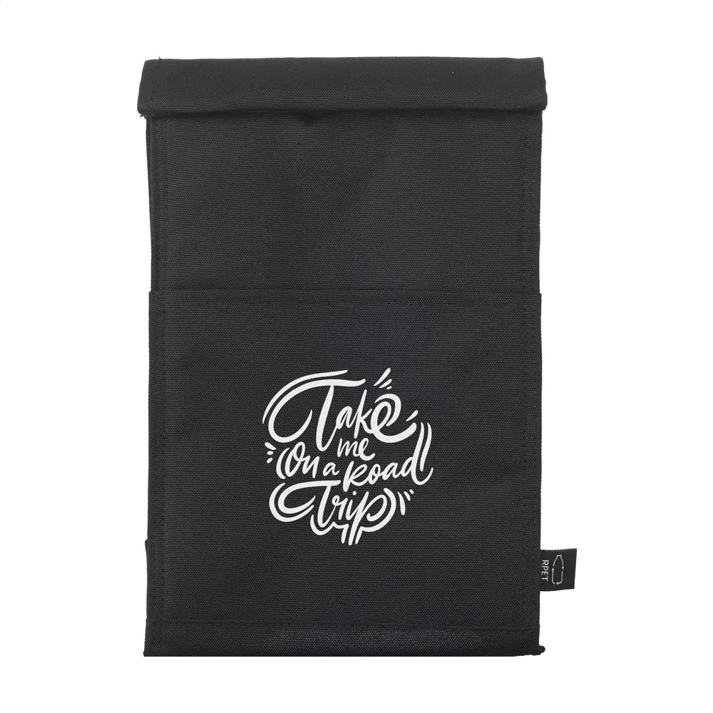 roll top lunch tas rpet zwart voorkant met logo 314128