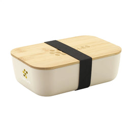 Kunststof lunchbox met bamboe deksel schuin van voren met bedrukking, Beige - 315728