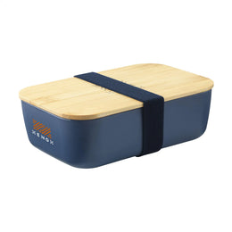 Kunststof lunchbox met bamboe deksel schuin van voren met bedrukking, Blauw - 315728