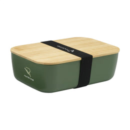 Kunststof lunchbox met bamboe deksel schuin van voren met bedrukking, Groen - 315728