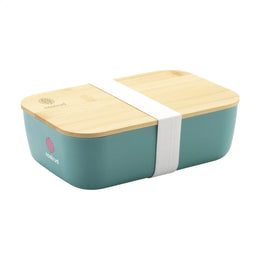 Kunststof lunchbox met bamboe deksel schuin van voren met bedrukking, Petrol - 315728