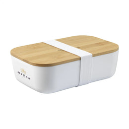 Kunststof lunchbox met bamboe deksel schuin van voren met bedrukking, Wit - 315728