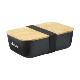 Kunststof lunchbox met bamboe deksel schuin van voren met bedrukking, Zwart - 315728