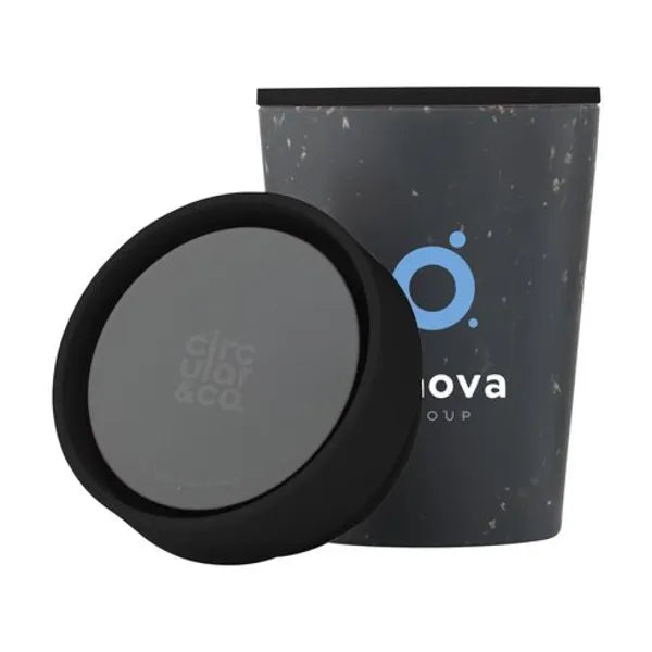 Dubbelwandige herbruikbare koffiebeker 227 ml met 360° deksel met bedrukking en losse deksel, Zwart - 31W043