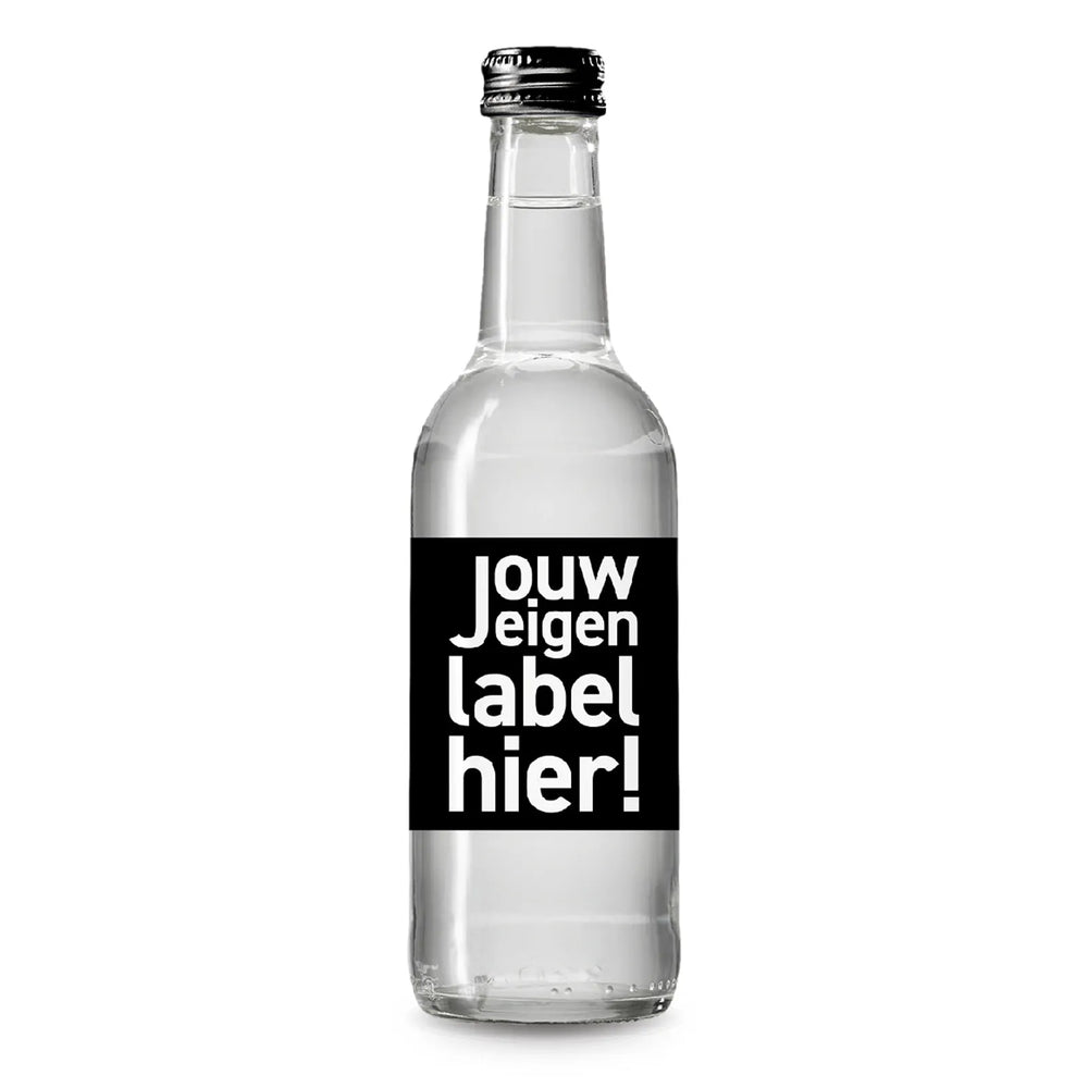 Glazen waterfles 330 ml met full colour etiket - Zwart dop