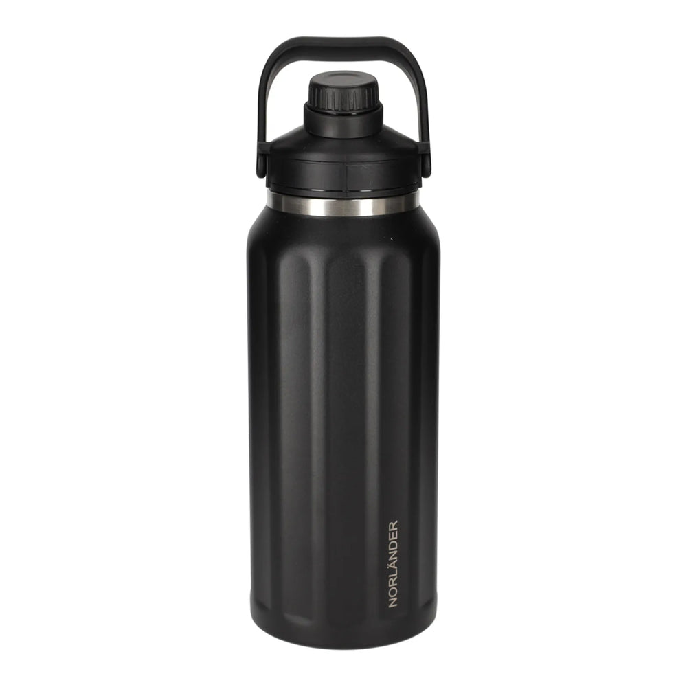 Extra grote dubbelwandige thermofles met draaghengsel, geschikt voor lasergravering – zwart voorkant 3828893