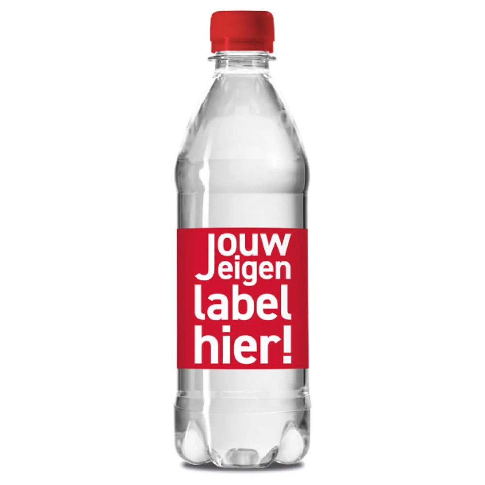 R-PET Mineraalwaterfles 500 ml Plat met Schroefdop – Inclusief Full Colour Etiket - Rood