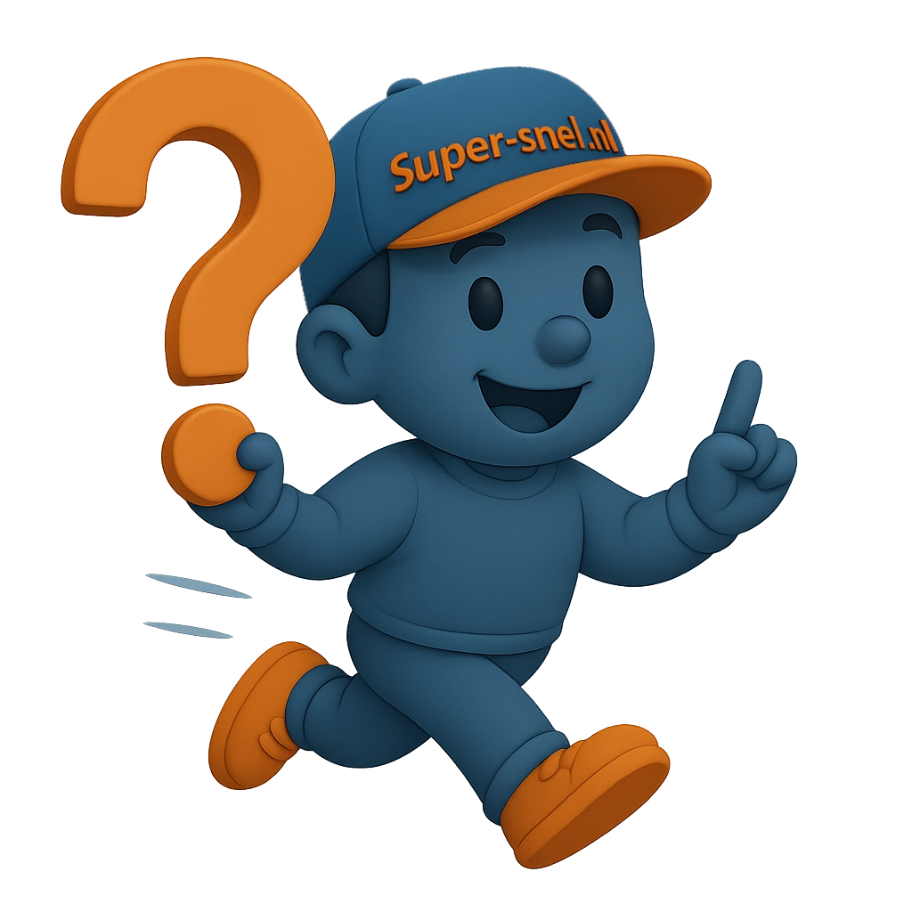 3D Mascotte van Super-snel.nl met FAQ vraagteken.